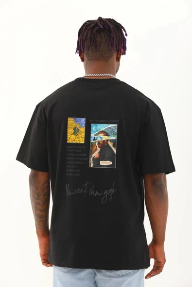 Unisex Oversize Baskılı Bisiklet Yaka T-Shirt - Siyah - Resim 5