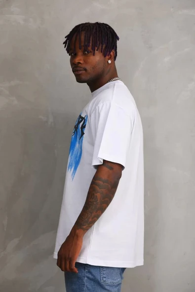 Unisex Baskılı Oversize T-Shirt - Beyaz - Resim 4