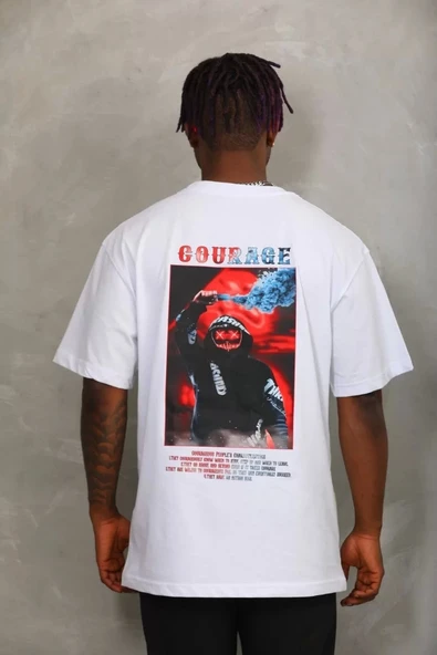 Unisex Oversize Baskılı Bisiklet Yaka T-Shirt - Beyaz - 5