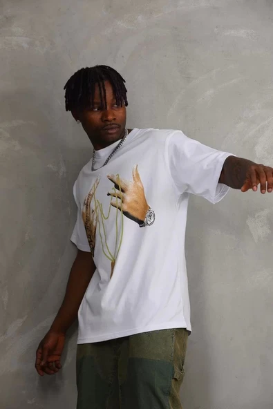 Unisex Baskılı Oversize T-Shirt - Beyaz - Resim 6