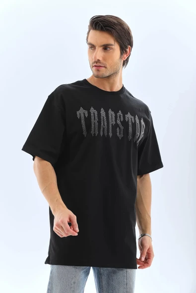 Unisex Oversize Taşlı Bisiklet Yaka T-Shirt - Siyah - Resim 5