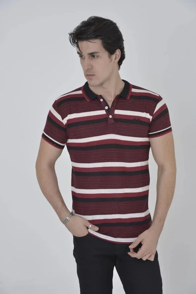 Erkek Yakalı Slim Fit Dokuma Çizgili T-Shirt - Bordo - Resim 2