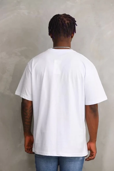 Unisex Baskılı Oversize T-Shirt - Beyaz - 2