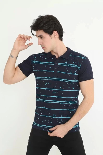 Erkek Yakalı Slim Fit Pike Çizgili T-Shirt - Lacivert - Resim 3