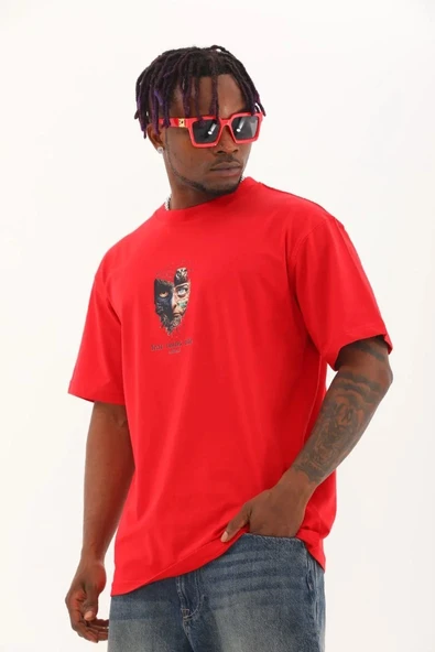 Unisex Oversize Baskılı Bisiklet Yaka T-Shirt - Kırmızı - Resim 3