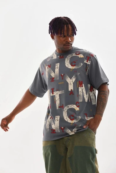Unisex Baskılı Oversize T-Shirt - Füme - 7