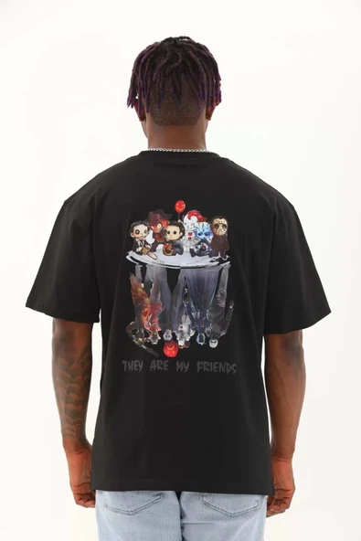 Unisex Oversize Baskılı Bisiklet Yaka T-Shirt - Siyah - Resim 5