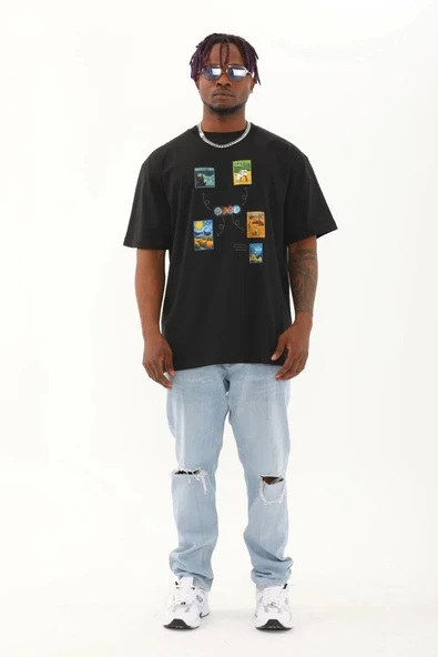 Unisex Oversize Baskılı Bisiklet Yaka T-Shirt - Siyah - Resim 4