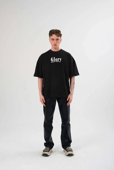 Unisex Bisiklet Yaka Baskılı Oversize T-Shirt - Siyah - Resim 3