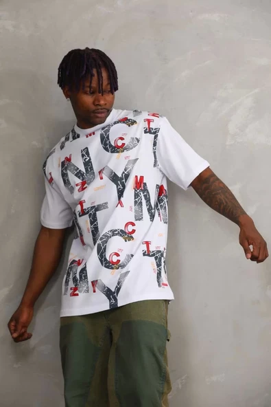 Unisex Baskılı Oversize T-Shirt - Beyaz - Resim 6