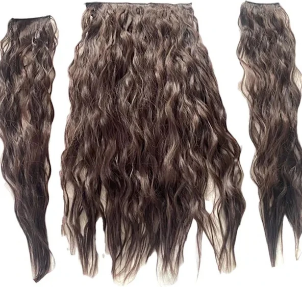 Caş Dekorasyon Isıya Dayanıklı Yıkanabilir Yarımay Çıtçıt Saç 4  -Kahverengi Dalgalı 60 cm - 110 gr - 4