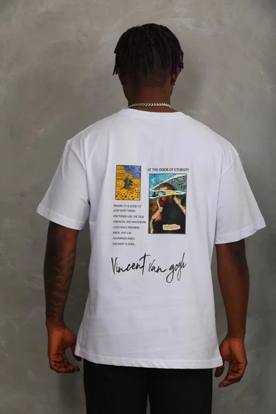 Unisex Oversize Baskılı Bisiklet Yaka T-Shirt - Beyaz - Resim 5