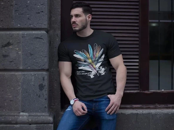 Unisex Bisiklet Yaka Baskılı Oversize T-Shirt - Siyah - 1