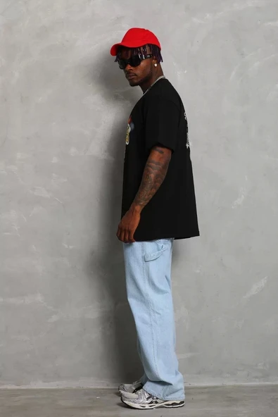 Unisex Oversize Baskılı Bisiklet Yaka T-Shirt - Siyah - Resim 7