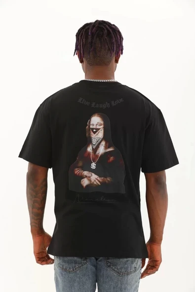 Unisex Oversize Baskılı Bisiklet Yaka T-Shirt - Siyah - 5