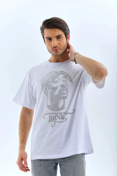 Unisex Oversize Taşlı Bisiklet Yaka T-Shirt - Beyaz - Resim 6