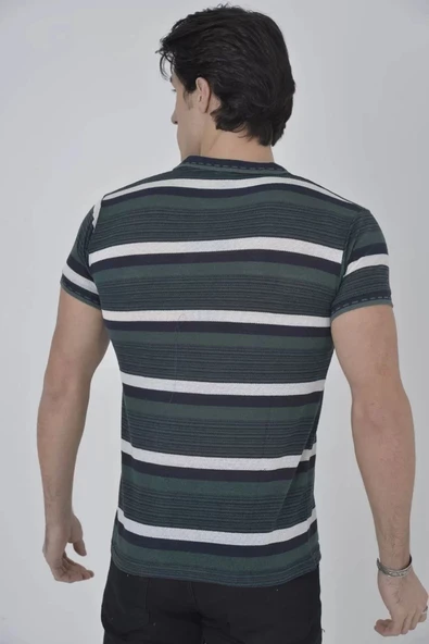 Erkek Yakalı Slim Fit Dokuma Çizgili T-Shirt - Haki - Resim 2