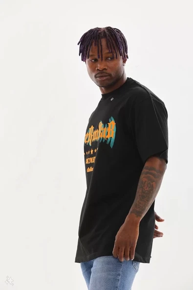 Unisex Kuşgözü Detaylı Baskılı Oversize T-Shirt - Siyah - Resim 3