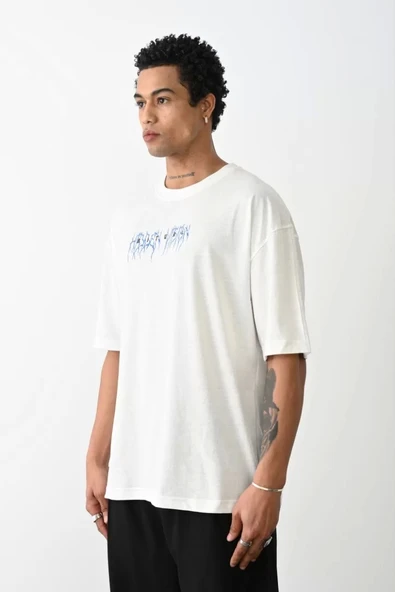 Unisex Baskılı Oversize T-Shirt - Beyaz - Resim 2