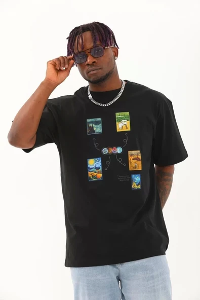 Unisex Oversize Baskılı Bisiklet Yaka T-Shirt - Siyah - Resim 2