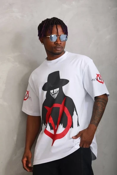 Unisex Oversize Baskılı Bisiklet Yaka T-Shirt - Beyaz - Resim 2