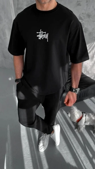 Unisex Bisiklet Yaka Baskılı Oversize T-Shirt - Siyah ürün görseli