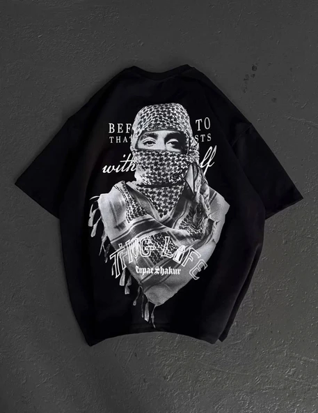 Unisex Baskılı Oversize T-Shirt - Siyah - Resim 7
