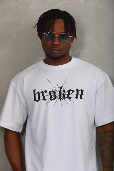 Unisex Oversize Baskılı Bisiklet Yaka T-Shirt - Beyaz - Resim 3