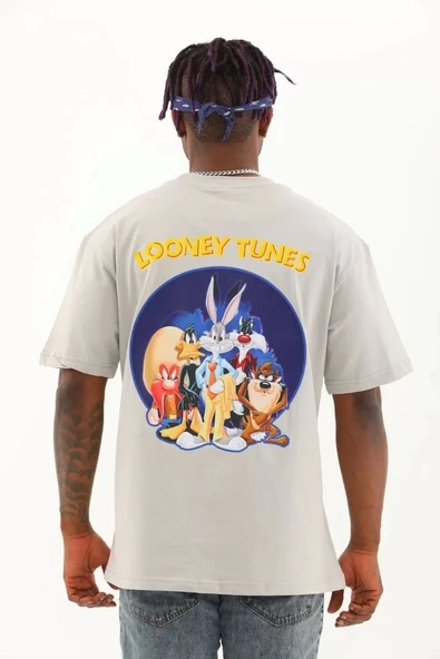 Unisex Oversize Baskılı Bisiklet Yaka T-Shirt - Gri - Resim 5