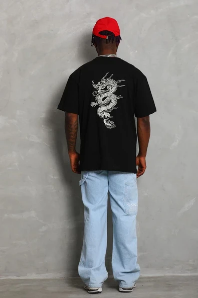 Unisex Oversize Baskılı Bisiklet Yaka T-Shirt - Siyah - Resim 8