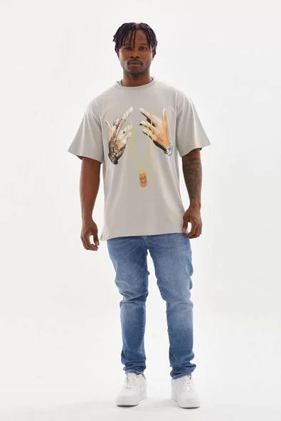 Unisex Baskılı Oversize T-Shirt - Gri - Resim 4