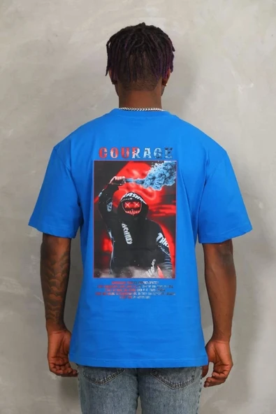 Unisex Oversize Baskılı Bisiklet Yaka T-Shirt - Mavi - Resim 5