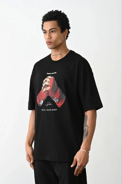 Unisex Baskılı Oversize T-Shirt - Siyah ürün görseli