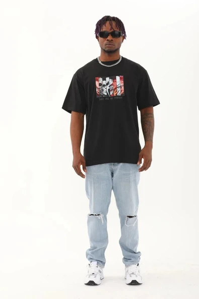 Unisex Oversize Baskılı Bisiklet Yaka T-Shirt - Siyah - Resim 4