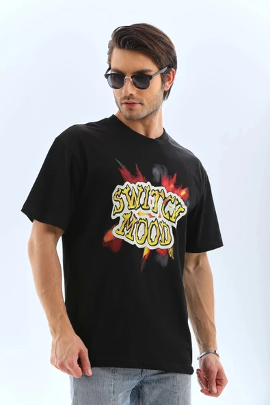 Unisex Oversize Baskılı Bisiklet Yaka T-Shirt - Siyah ürün görseli