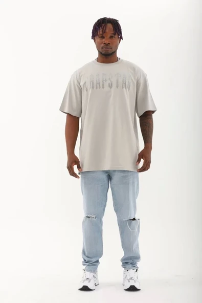 Unisex Oversize Taşlı Bisiklet Yaka T-Shirt - Gri - Resim 5