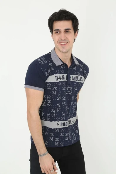 Erkek Yakalı Slim Fit Baskılı T-Shirt - Lacivert - Resim 2