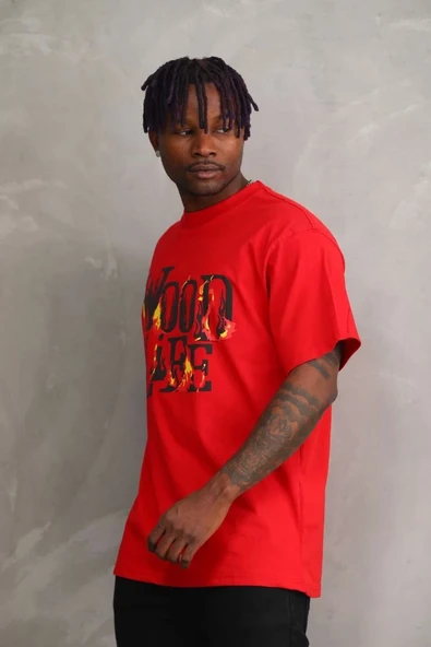 Unisex Baskılı Oversize T-Shirt - Kırmızı - Resim 4