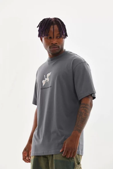 Unisex Baskılı Oversize T-Shirt - Füme - 3