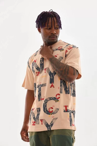 Unisex Baskılı Oversize T-Shirt - Bej - Resim 4