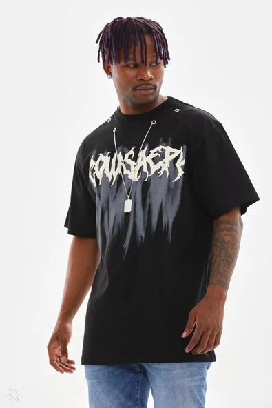 Unisex Oversize Kolye Dahil T-Shirt - Siyah - 7