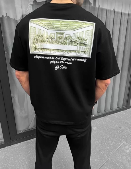 Unisex Baskılı Oversize T-Shirt - Siyah - Resim 3