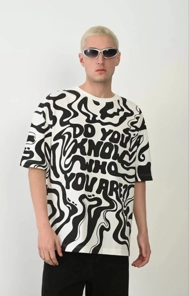 Unisex Baskılı Bisiklet Yaka Oversize T-Shirt - Beyaz - Resim 4