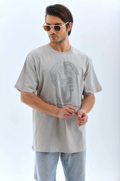 Unisex Oversize Taşlı Bisiklet Yaka T-Shirt - Gri - Resim 7