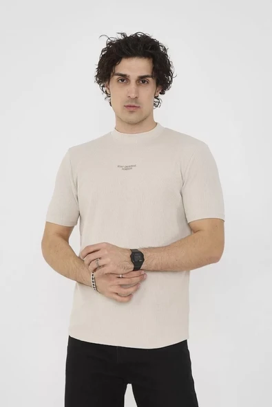 Unisex Bisiklet Yaka Slim fit T-Shirt- Bej ürün görseli