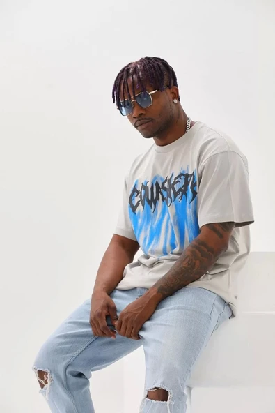 Unisex Baskılı Oversize T-Shirt - Gri - Resim 8