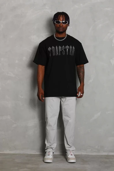 Unisex Oversize Taşlı Bisiklet Yaka T-Shirt - Siyah - Resim 4