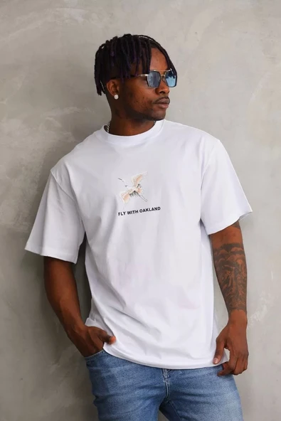 Unisex Baskılı Oversize T-Shirt - Beyaz ürün görseli
