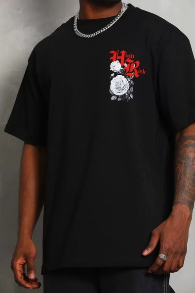 Unisex Oversize Baskılı Bisiklet Yaka T-Shirt - Siyah - Resim 2