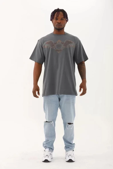 Unisex Oversize Taşlı Bisiklet Yaka T-Shirt - Füme - Resim 5